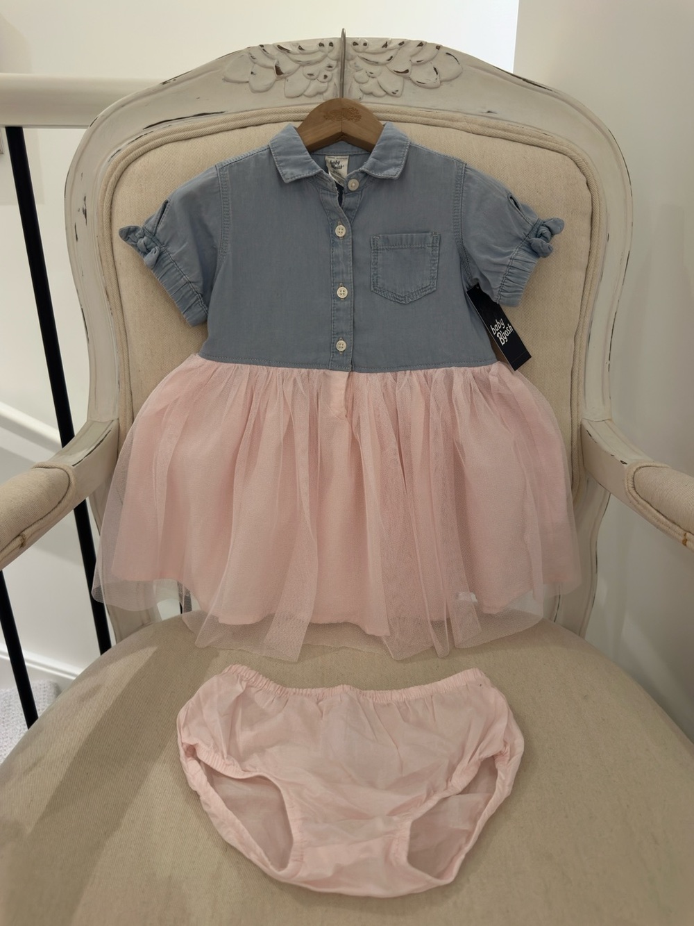 🦢 24 Mth Oshkosh Chambray Light Pink Tutu Baby Dress with Cotton Lining 2pc NWT